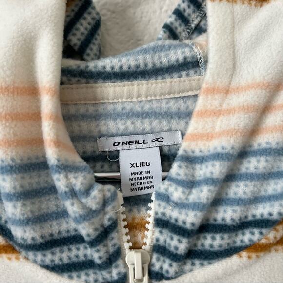 O’Neil Julia Cream 1/4 Zip Pullover Fleece Hooded Top ivory brown blue stripe - Picture 5 of 6